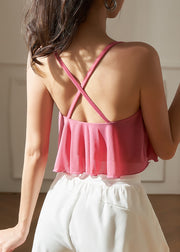Loose Pink Cold Shoulder Tulle Crossing Yoga Top