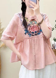 Loose Pink Embroidered Ruffled Linen Shirt Summer