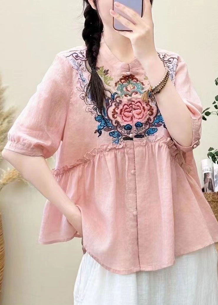 Loose Pink Embroidered Ruffled Linen Shirt Summer