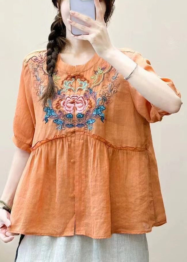 Loose Pink Embroidered Ruffled Linen Shirt Summer