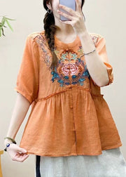 Loose Pink Embroidered Ruffled Linen Shirt Summer