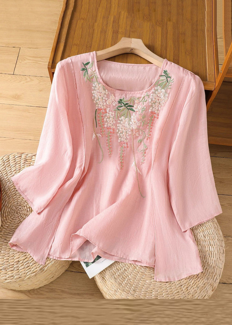 Loose Pink Embroidered Solid Linen T Shirt Bracelet Sleeve