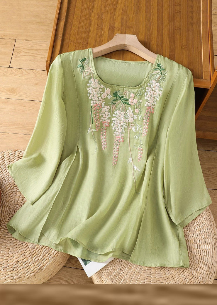 Loose Pink Embroidered Solid Linen T Shirt Bracelet Sleeve