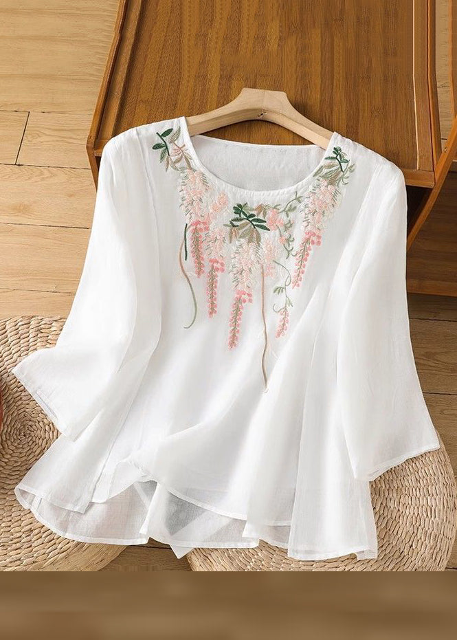Loose Pink Embroidered Solid Linen T Shirt Bracelet Sleeve