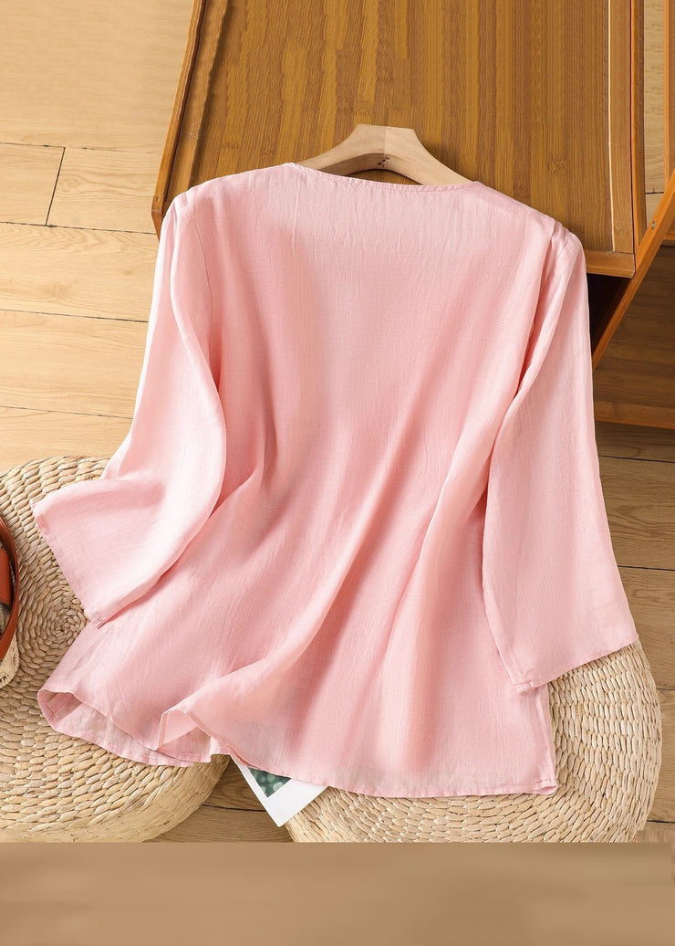 Loose Pink Embroidered Solid Linen T Shirt Bracelet Sleeve