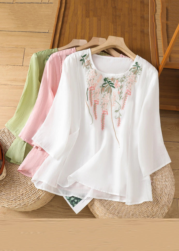 Loose Pink Embroidered Solid Linen T Shirt Bracelet Sleeve