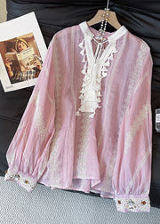 Loose Pink Embroidered Tasseled Patchwork Cotton Shirt Fall