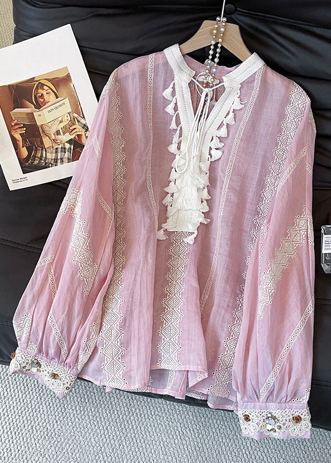 Loose Pink Embroidered Tasseled Patchwork Cotton Shirt Fall