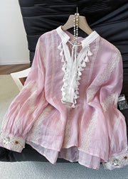 Loose Pink Embroidered Tasseled Patchwork Cotton Shirt Fall