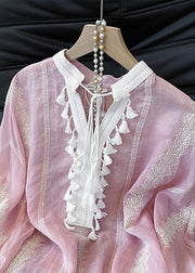 Loose Pink Embroidered Tasseled Patchwork Cotton Shirt Fall