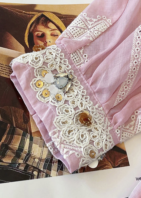 Loose Pink Embroidered Tasseled Patchwork Cotton Shirt Fall