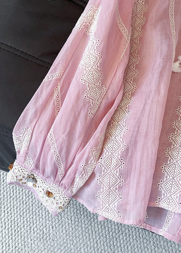 Loose Pink Embroidered Tasseled Patchwork Cotton Shirt Fall