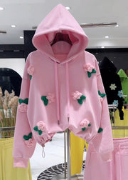 Loose Pink Hooded Floral Drawstring Cotton Pullover Sweatshirt Fall