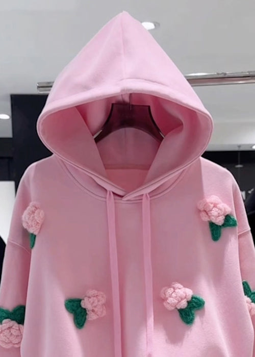 Loose Pink Hooded Floral Drawstring Cotton Pullover Sweatshirt Fall