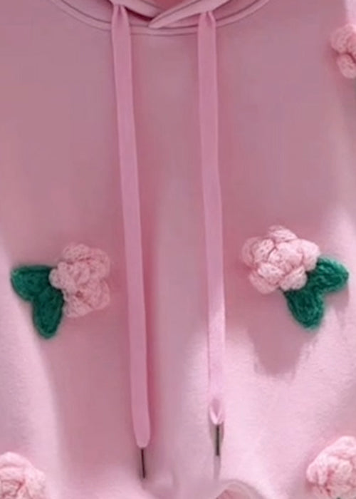 Loose Pink Hooded Floral Drawstring Cotton Pullover Sweatshirt Fall