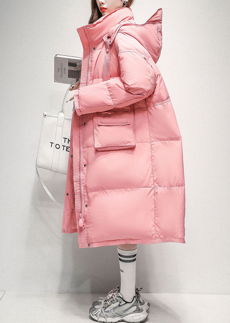 Loose Pink Hooded Pockets Duck Down Long Puffer Coat Winter