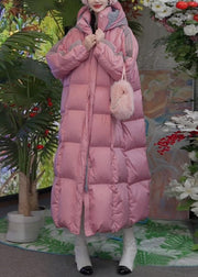 Loose Pink Hooded Zippered Striped Duck Down Puffer Coat Winter