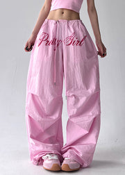 Loose Pink Letter Pockets Drawstring Cotton Pants Fall
