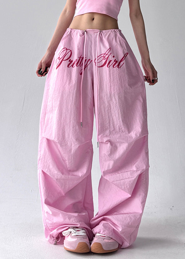 Loose Pink Letter Pockets Drawstring Cotton Pants Fall