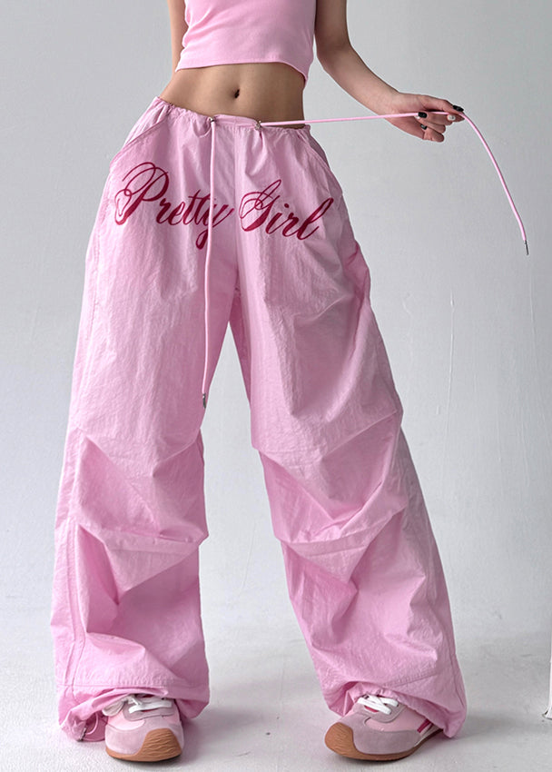 Loose Pink Letter Pockets Drawstring Cotton Pants Fall