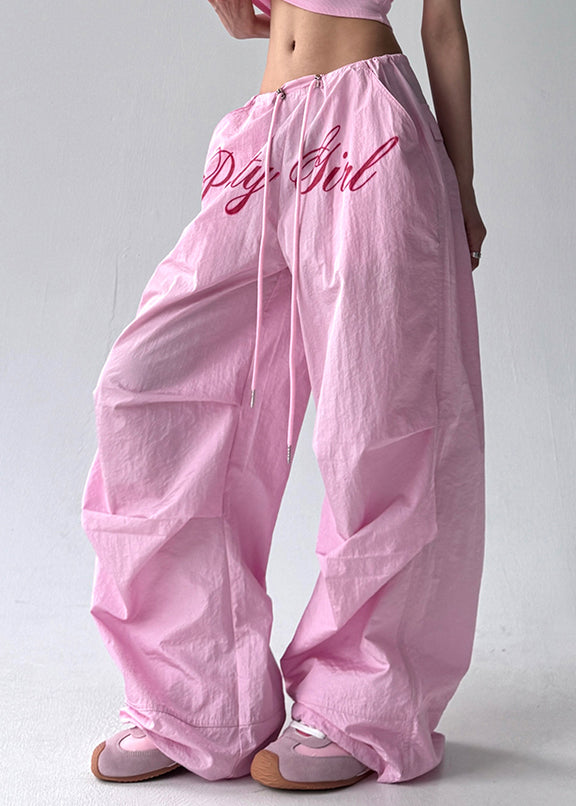 Loose Pink Letter Pockets Drawstring Cotton Pants Fall