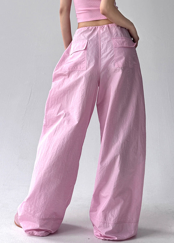Loose Pink Letter Pockets Drawstring Cotton Pants Fall