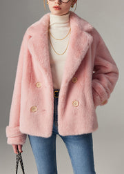 Loose Pink Notched Double Breast Mink Hair Coats Winter