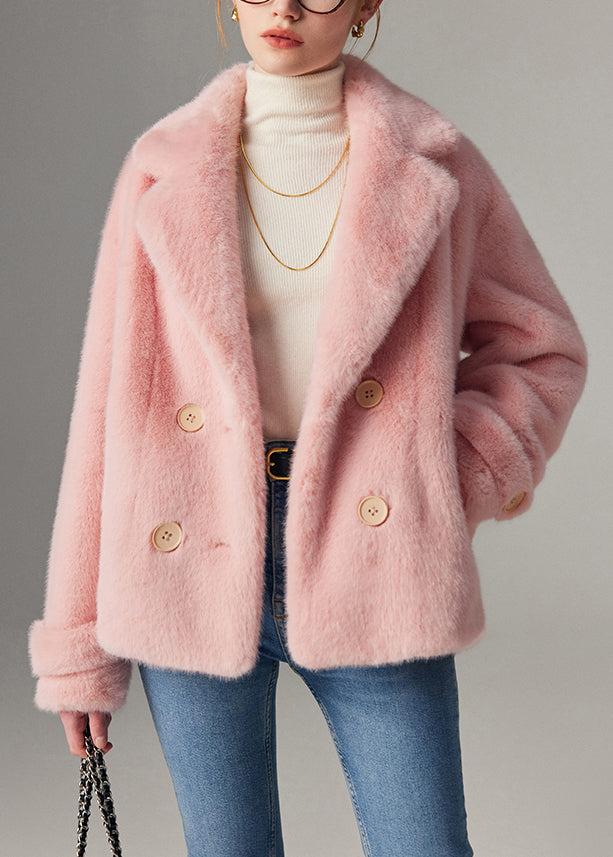 Loose Pink Notched Double Breast Mink Hair Coats Winter