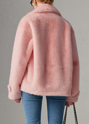 Loose Pink Notched Double Breast Mink Hair Coats Winter