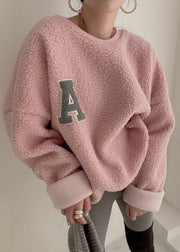 Loose Pink O Neck Letter Teddy Pullover Streetwear Winter