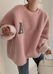 Loose Pink O Neck Letter Teddy Pullover Streetwear Winter