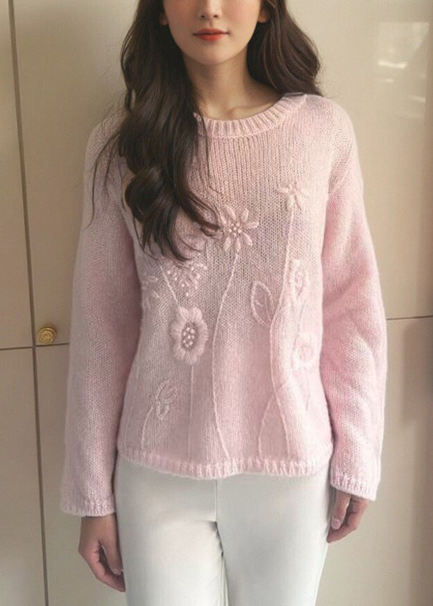 Loose Pink O-Neck Solid Cotton Knit Sweater Fall