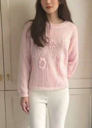 Loose Pink O-Neck Solid Cotton Knit Sweater Fall