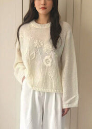 Loose Pink O-Neck Solid Cotton Knit Sweater Fall