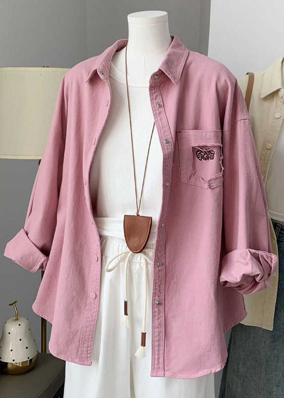 Loose Pink Peter Pan Collar Button Denim Blouse Top Fall