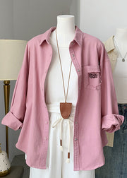 Loose Pink Peter Pan Collar Button Denim Blouse Top Fall