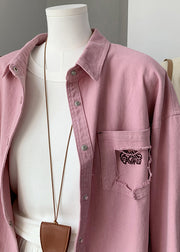 Loose Pink Peter Pan Collar Button Denim Blouse Top Fall
