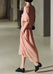 Loose Pink Peter Pan Collar Pockets Button Cotton Dresses Summer