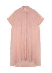 Loose Pink Peter Pan Collar Pockets Button Cotton Dresses Summer