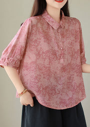 Loose Pink Peter Pan Collar Print Cotton Blouse Tops Summer