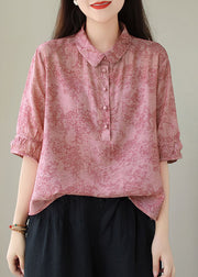 Loose Pink Peter Pan Collar Print Cotton Blouse Tops Summer