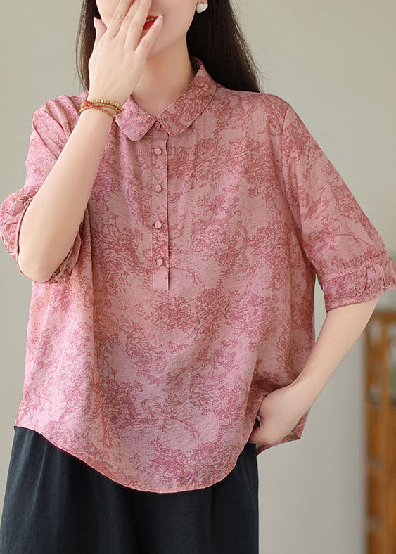 Loose Pink Peter Pan Collar Print Cotton Blouse Tops Summer