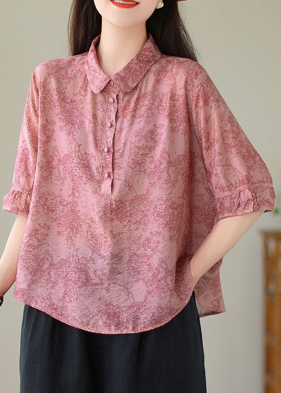 Loose Pink Peter Pan Collar Print Cotton Blouse Tops Summer