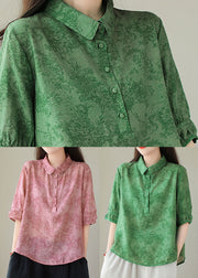 Loose Pink Peter Pan Collar Print Cotton Blouse Tops Summer