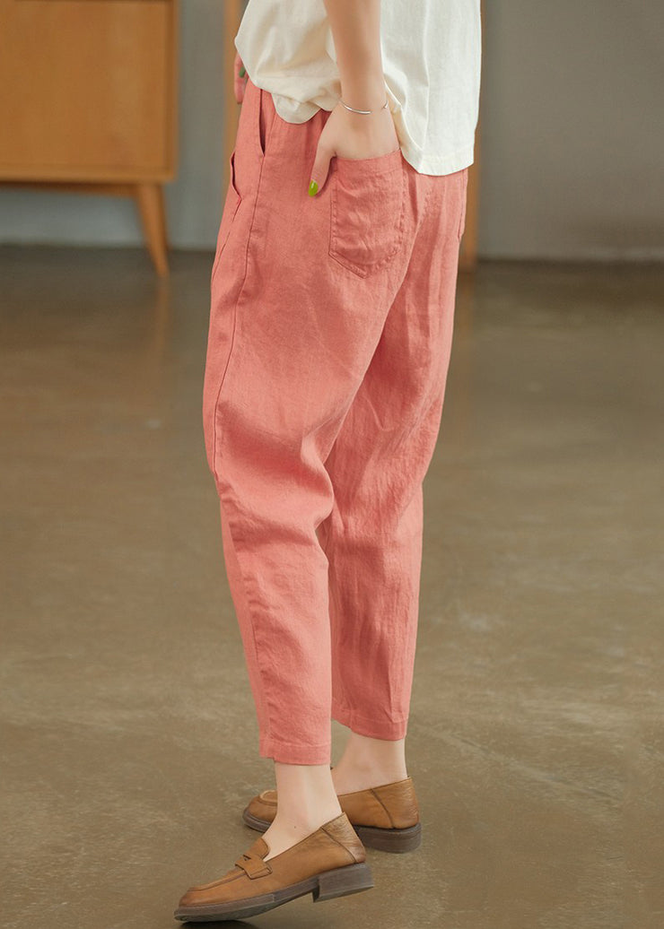 Loose Pink Pockets Solid Linen Crop Pants Summer