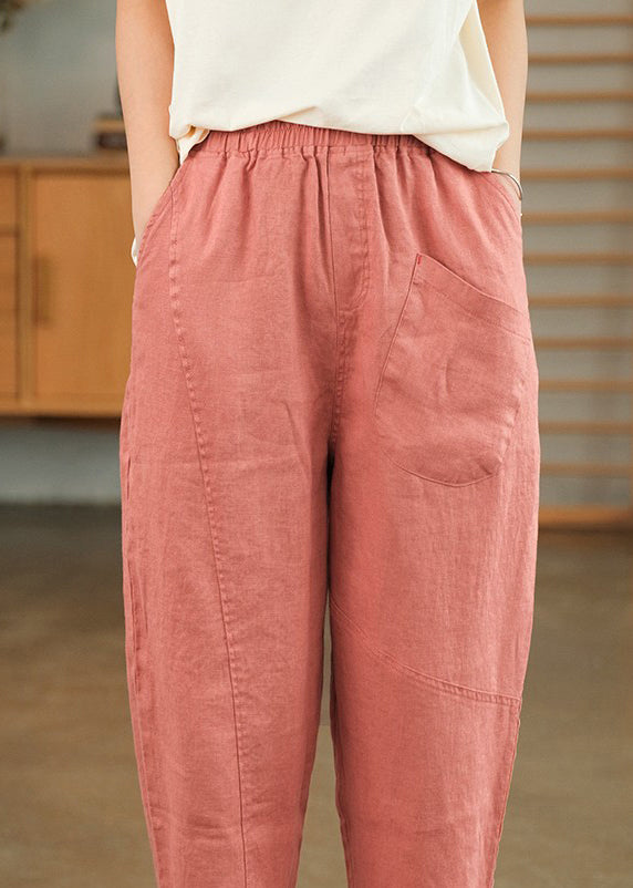 Loose Pink Pockets Solid Linen Crop Pants Summer