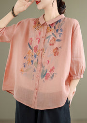 Loose Pink Print Button Linen Blouses Half Sleeve