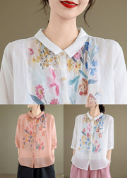Loose Pink Print Button Linen Blouses Half Sleeve