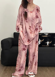 Loose Pink Print Lace Up Cotton Pajamas Two Piece Set Fall
