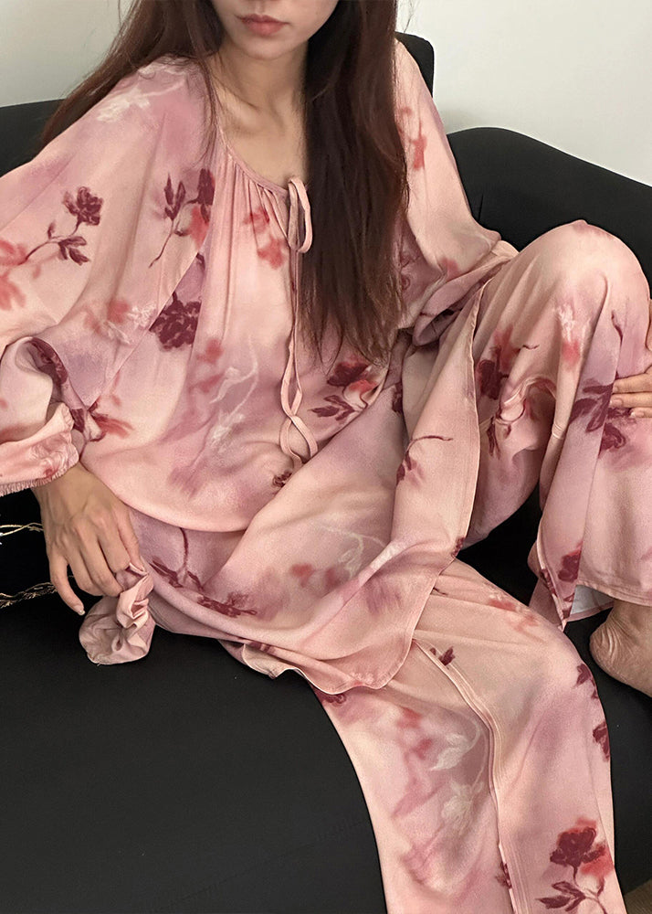 Loose Pink Print Lace Up Cotton Pajamas Two Piece Set Fall